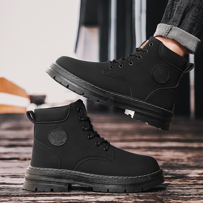 Motorcycle Boots Men High-top Shoes Fashion Trend All-match Leather Martin Boots For Man Outdoor Casual Work Shoes Lace-Up Male Winter Ankle Boots Black