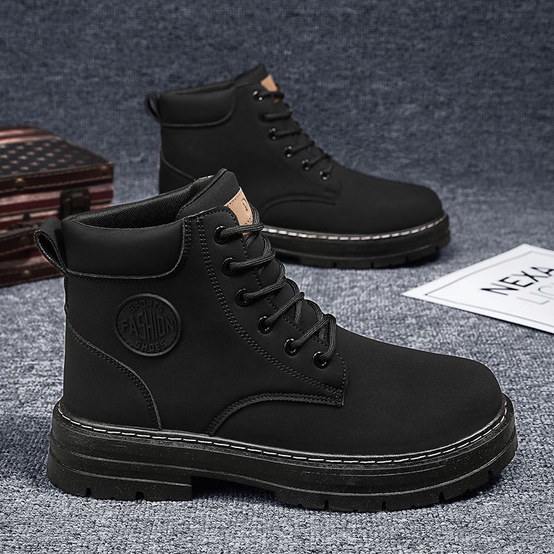 Motorcycle Boots Men High-top Shoes Fashion Trend All-match Leather Martin Boots For Man Outdoor Casual Work Shoes Lace-Up Male Winter Ankle Boots Black