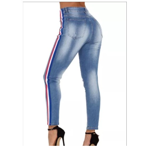 Striped Splicing Slim High Waist Jeans - Light Blue