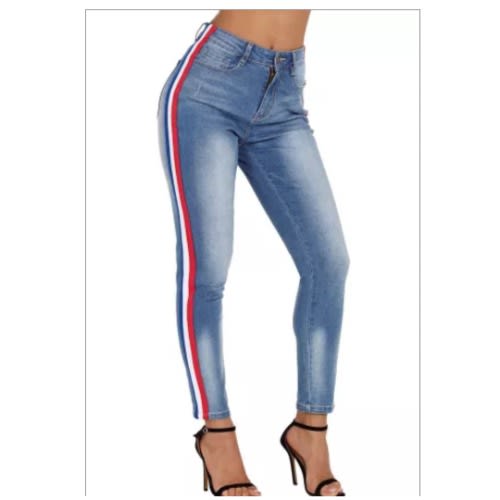 Striped Splicing Slim High Waist Jeans - Light Blue