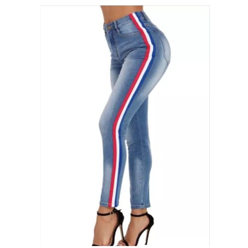 Striped Splicing Slim High Waist Jeans - Light Blue