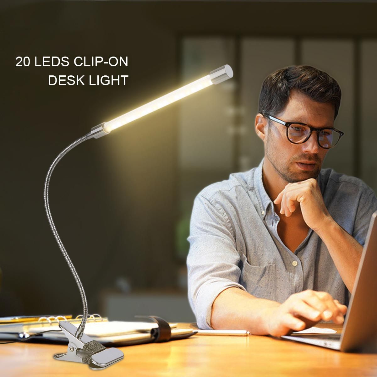 Tomshine DC5V 20 LEDs Clamp Clip-on Desk Light USB Powered Table Lamp 3 Color Temperatures 10 Levels Adjustable Brightness Dimmable Flexible Bendable Foldable Tube Goose Neck Design with Memory Function for Living Study Room 
