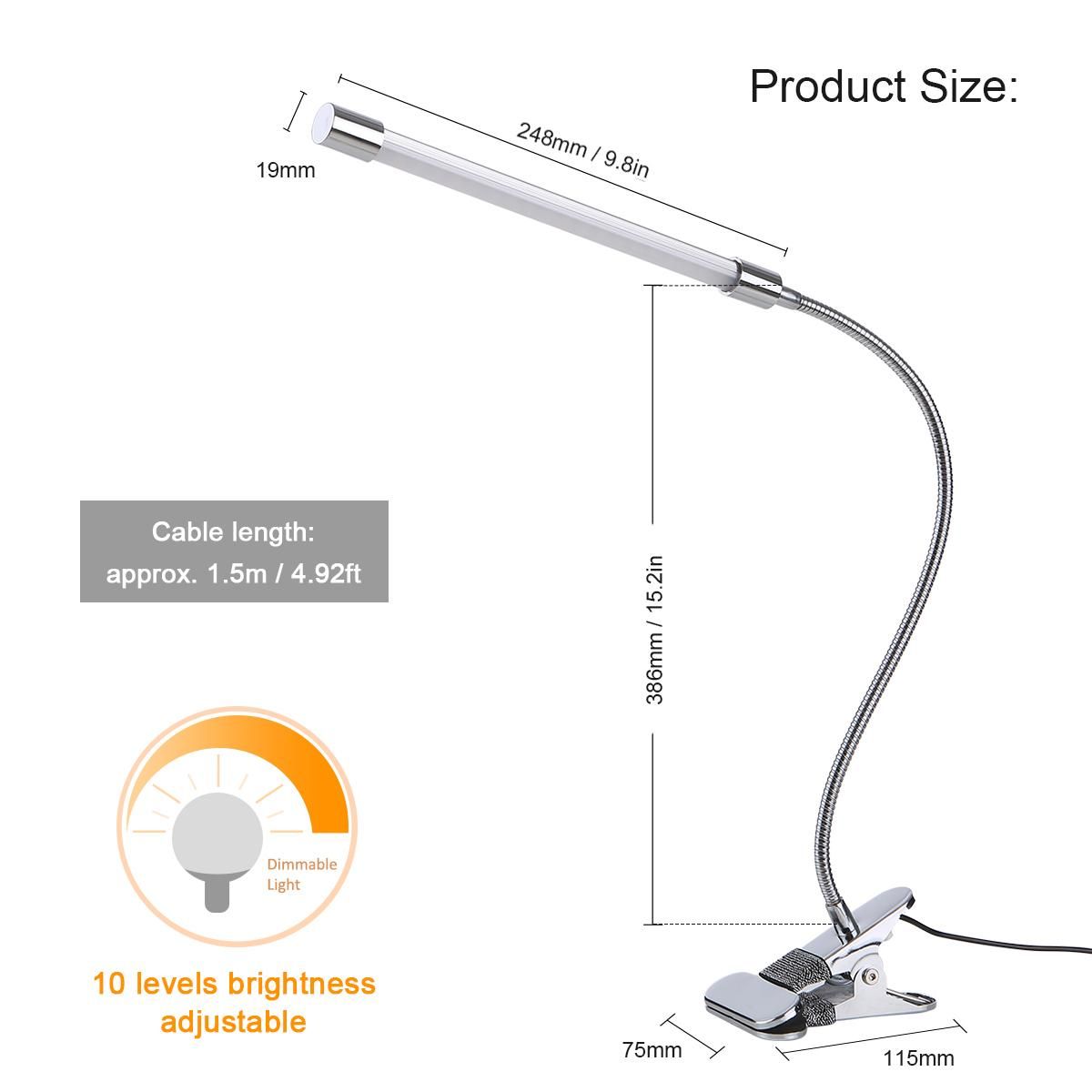 Tomshine DC5V 20 LEDs Clamp Clip-on Desk Light USB Powered Table Lamp 3 Color Temperatures 10 Levels Adjustable Brightness Dimmable Flexible Bendable Foldable Tube Goose Neck Design with Memory Function for Living Study Room 