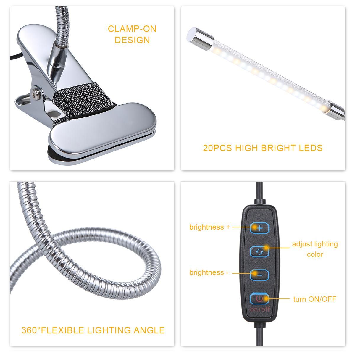 Tomshine DC5V 20 LEDs Clamp Clip-on Desk Light USB Powered Table Lamp 3 Color Temperatures 10 Levels Adjustable Brightness Dimmable Flexible Bendable Foldable Tube Goose Neck Design with Memory Function for Living Study Room 
