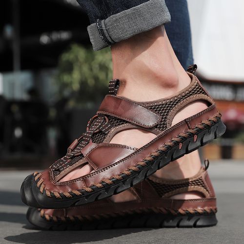 Luxury Sandals Men Top Quality Handmade Shoes Big Size 37-48 New-style Exquisite Leather Sandals Soft Comfy Outdoor Trekking Shoes Brown