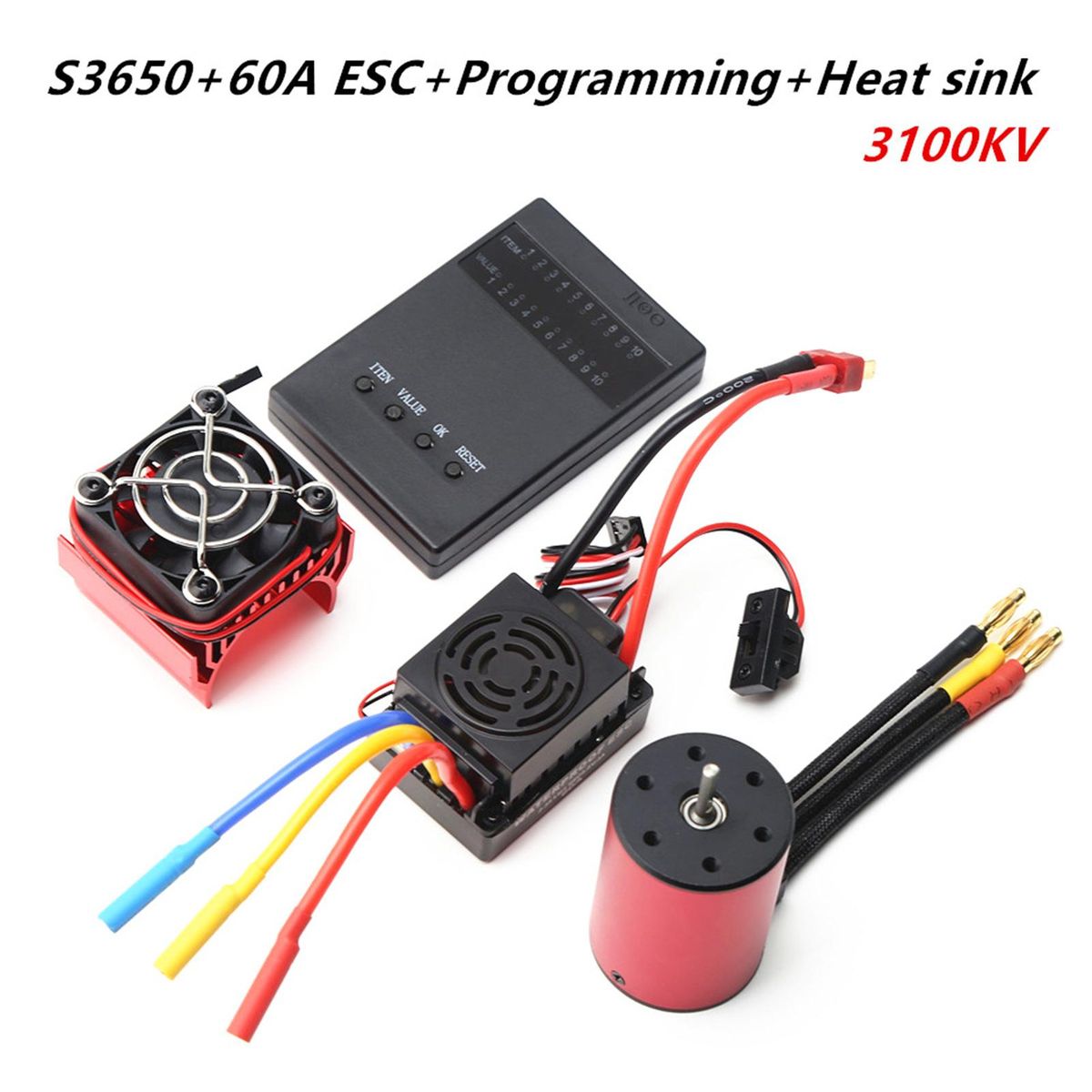 3100KV Brushless Motor 3650 Waterproof Motor with 60A Brushless ESC 5.8V 3A BEC Heatsink Programming Card for 1/8 1/10 RC Car