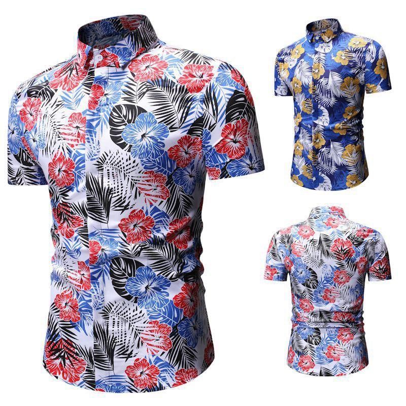 Summer Beach Hawaiian Shirt Men Floral Print Short Sleeve