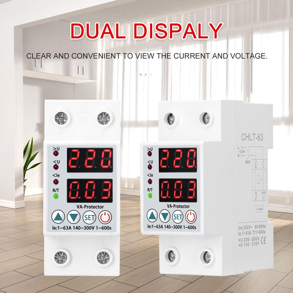 Dual Display Adjustable Voltage Protector Intelligent Over-voltage Under-voltage Over-current Protect Device Home Self-resetting Voltage Protector