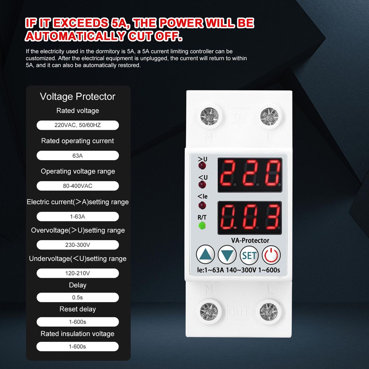 Dual Display Adjustable Voltage Protector Intelligent Over-voltage Under-voltage Over-current Protect Device Home Self-resetting Voltage Protector