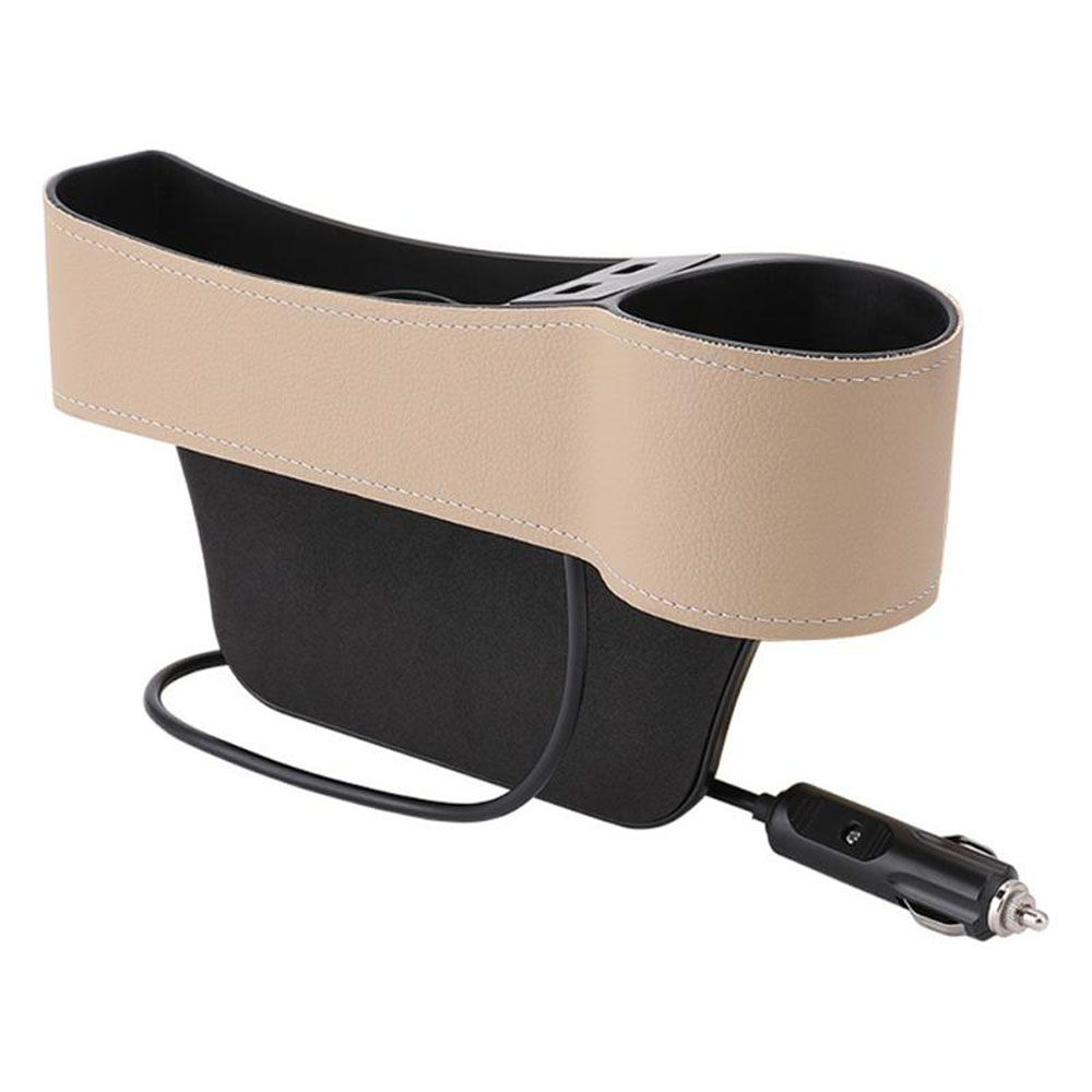 Car Seat Gap Organizer Leather Storage Box With Dual USB Charging Port Cup Holder Co-pilot