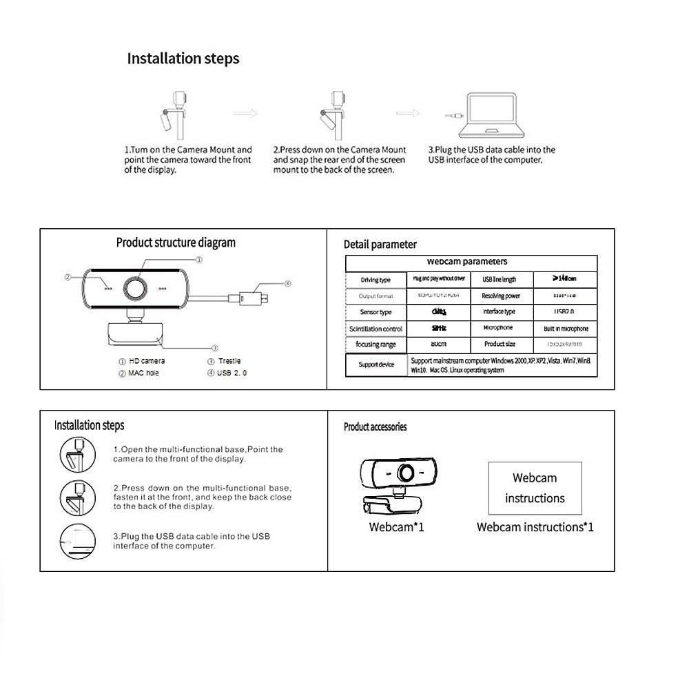 1440P Wide HD Webcam USB2.0 Autofocus HD Video Computer Camera with Noise-reduction Microphone for PC/Laptop