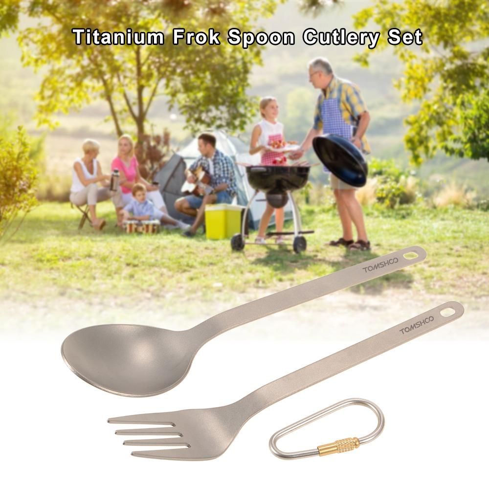 TOMSHOO Titanium Tableware Dinner Frok Spoon Cutlery Set Flatware with Carabiner Storage Sack  for Home Outdoor Camping