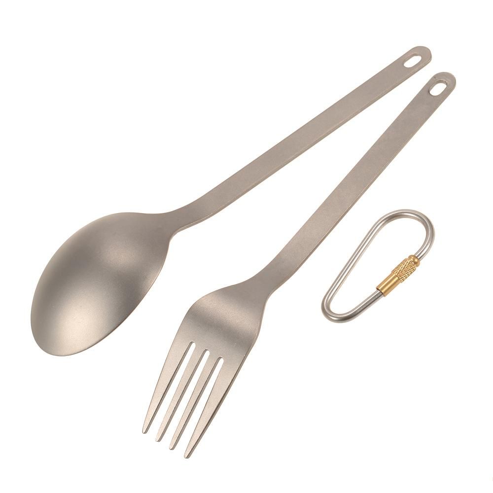 TOMSHOO Titanium Tableware Dinner Frok Spoon Cutlery Set Flatware with Carabiner Storage Sack  for Home Outdoor Camping