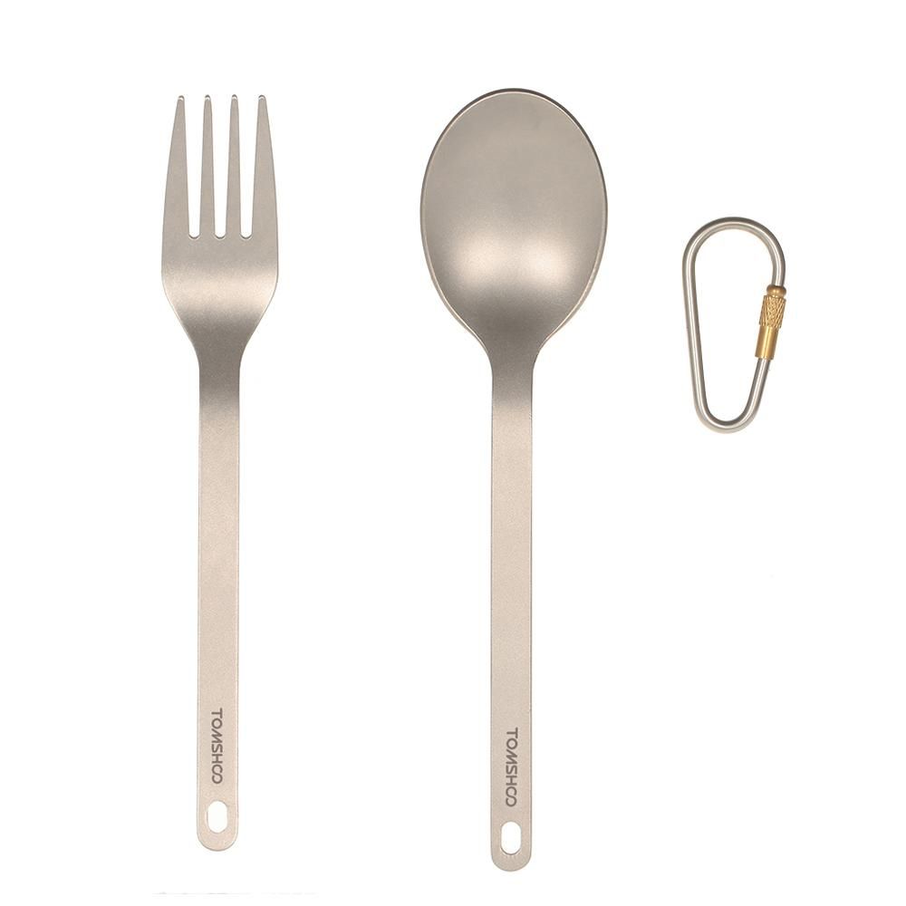 TOMSHOO Titanium Tableware Dinner Frok Spoon Cutlery Set Flatware with Carabiner Storage Sack  for Home Outdoor Camping