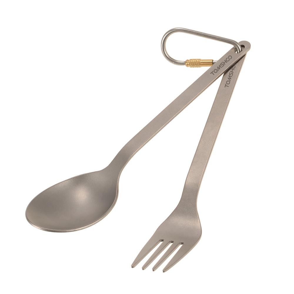 TOMSHOO Titanium Tableware Dinner Frok Spoon Cutlery Set Flatware with Carabiner Storage Sack  for Home Outdoor Camping