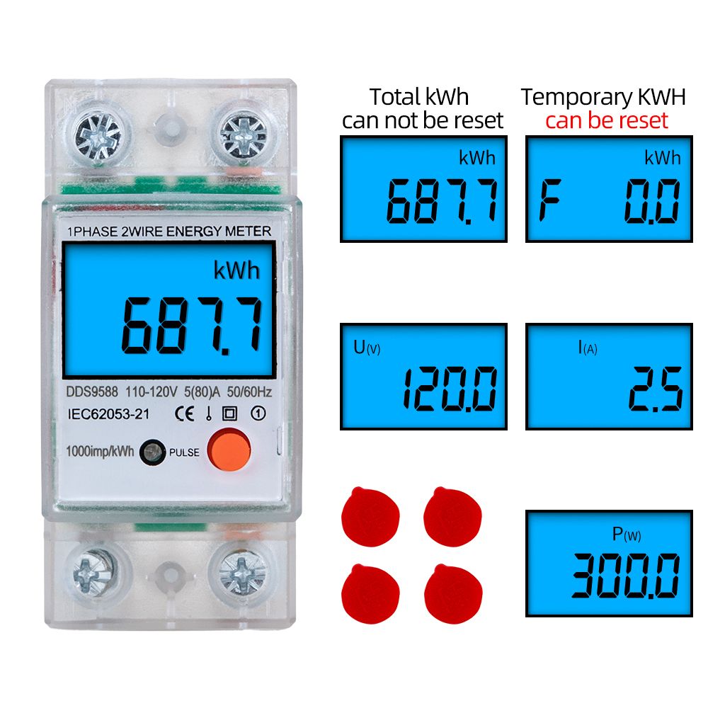 110V/230V AC Din Rail Single Phase Reset Zero Energy Meter KWh Voltage Current Power Consumption Counter Wattmeter Electricity