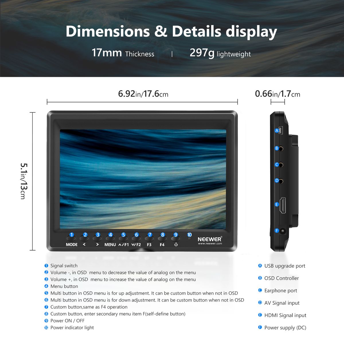 F100 7 Inch Camera Field Monitor HD Video Assist Slim IPS 1280x800 HDMI Input 1080p With 2600mAh Li-ion Battery/USB Charger For DSLR Cameras, Handheld Stabilizer, Film Video Making Rig
