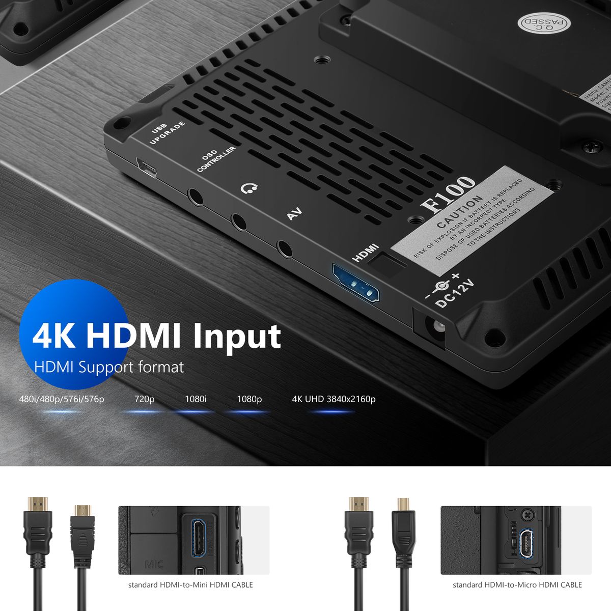 F100 7 Inch Camera Field Monitor HD Video Assist Slim IPS 1280x800 HDMI Input 1080p With 2600mAh Li-ion Battery/USB Charger For DSLR Cameras, Handheld Stabilizer, Film Video Making Rig