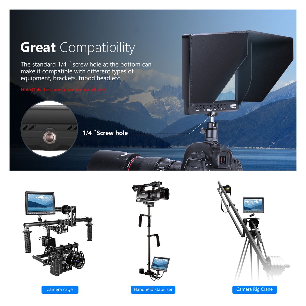 F100 7 Inch Camera Field Monitor HD Video Assist Slim IPS 1280x800 HDMI Input 1080p With 2600mAh Li-ion Battery/USB Charger For DSLR Cameras, Handheld Stabilizer, Film Video Making Rig