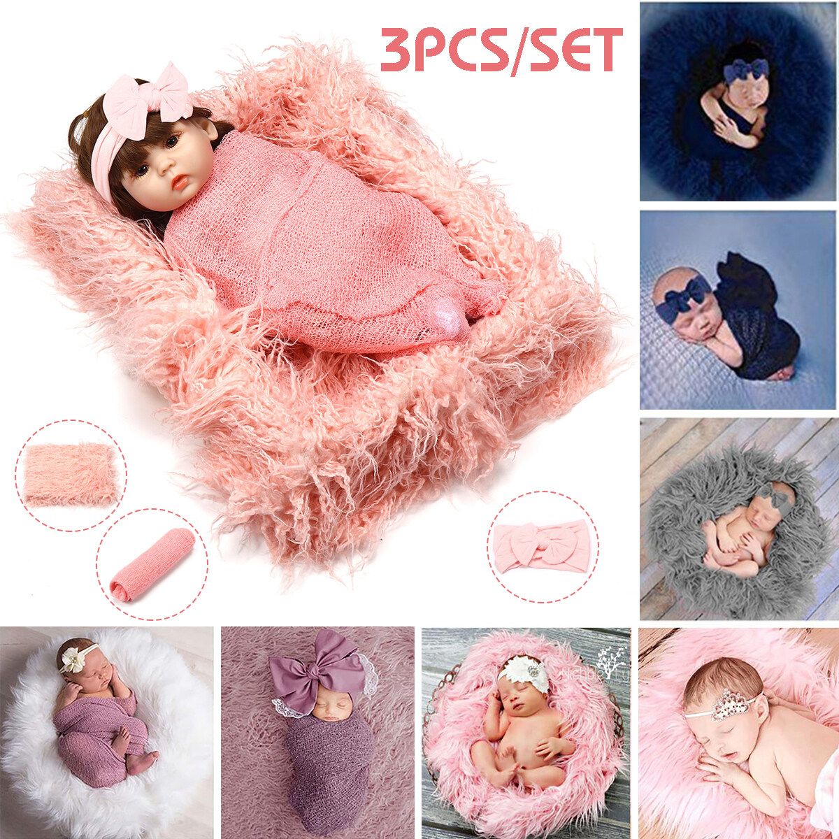 Newborn Photography Props, 3PCS Baby Photo Blanket Cover And Headband, Long Hair Pink