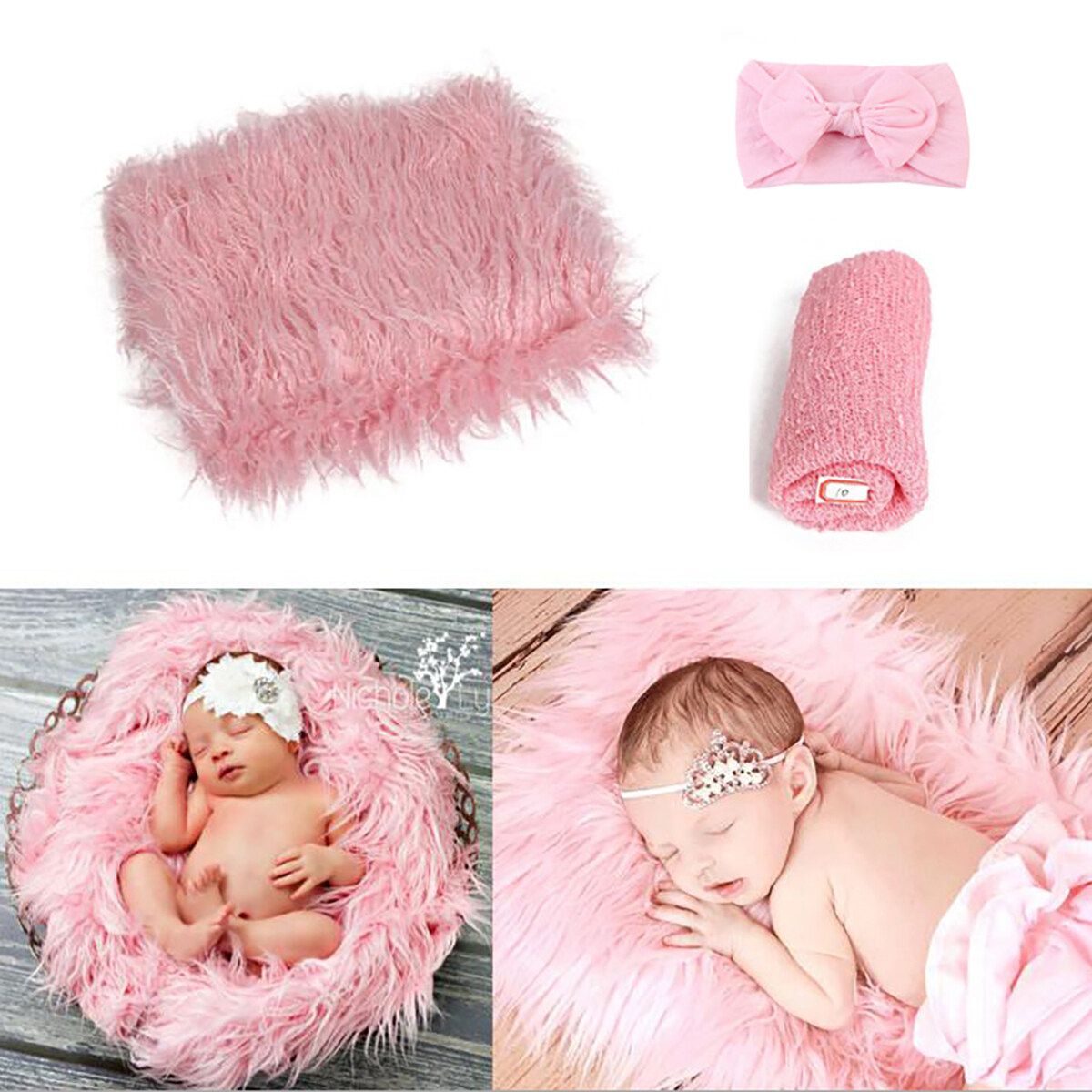 Newborn Photography Props, 3PCS Baby Photo Blanket Cover And Headband, Long Hair Pink