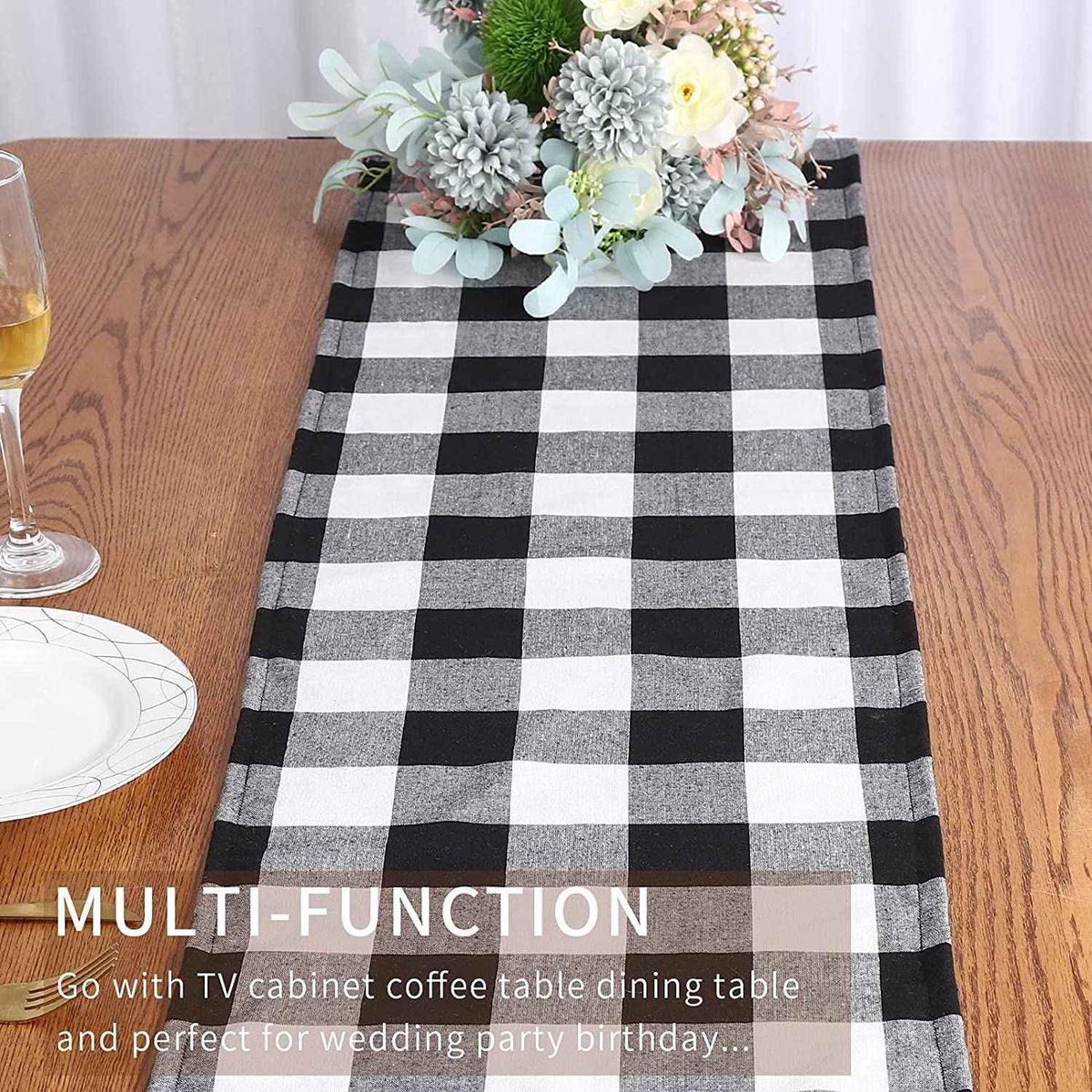 Buffalo Check 13X70Inch Black and White Plaid Table
