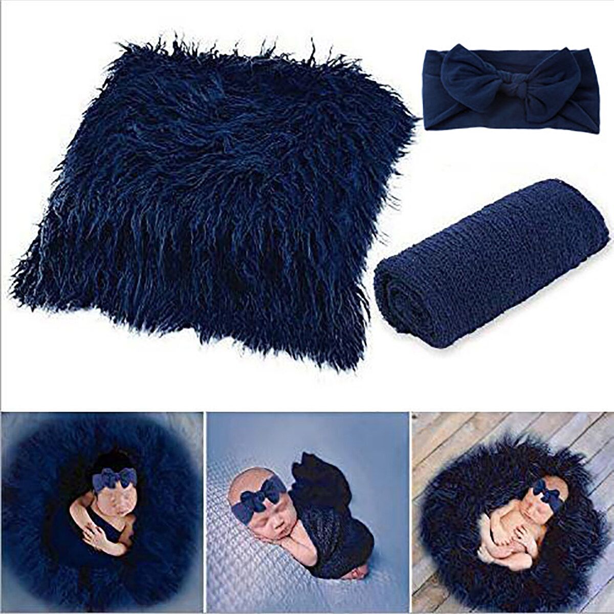 Newborn Photography Props, 3PCS Baby Photo Blanket Cover And Headband, Long Hair Navy Blue