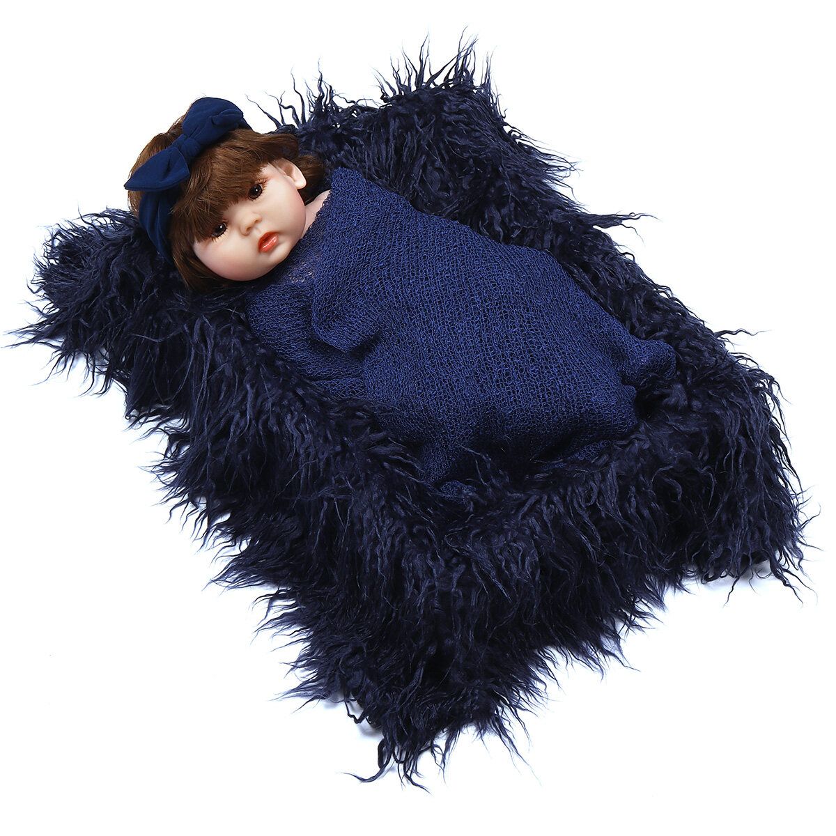 Newborn Photography Props, 3PCS Baby Photo Blanket Cover And Headband, Long Hair Navy Blue