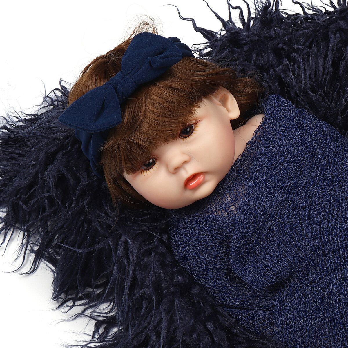 Newborn Photography Props, 3PCS Baby Photo Blanket Cover And Headband, Long Hair Navy Blue