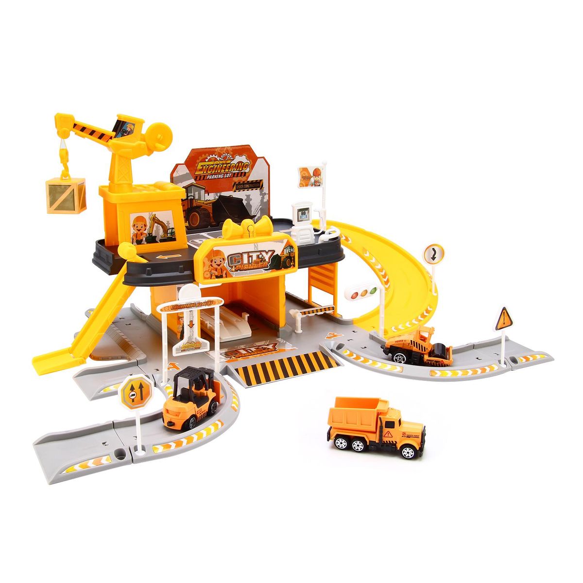 Garage Toy Set Car Vehicle Building Parking Lot Race Tracks for Boys with Light Sound 3pcs Alloy Car