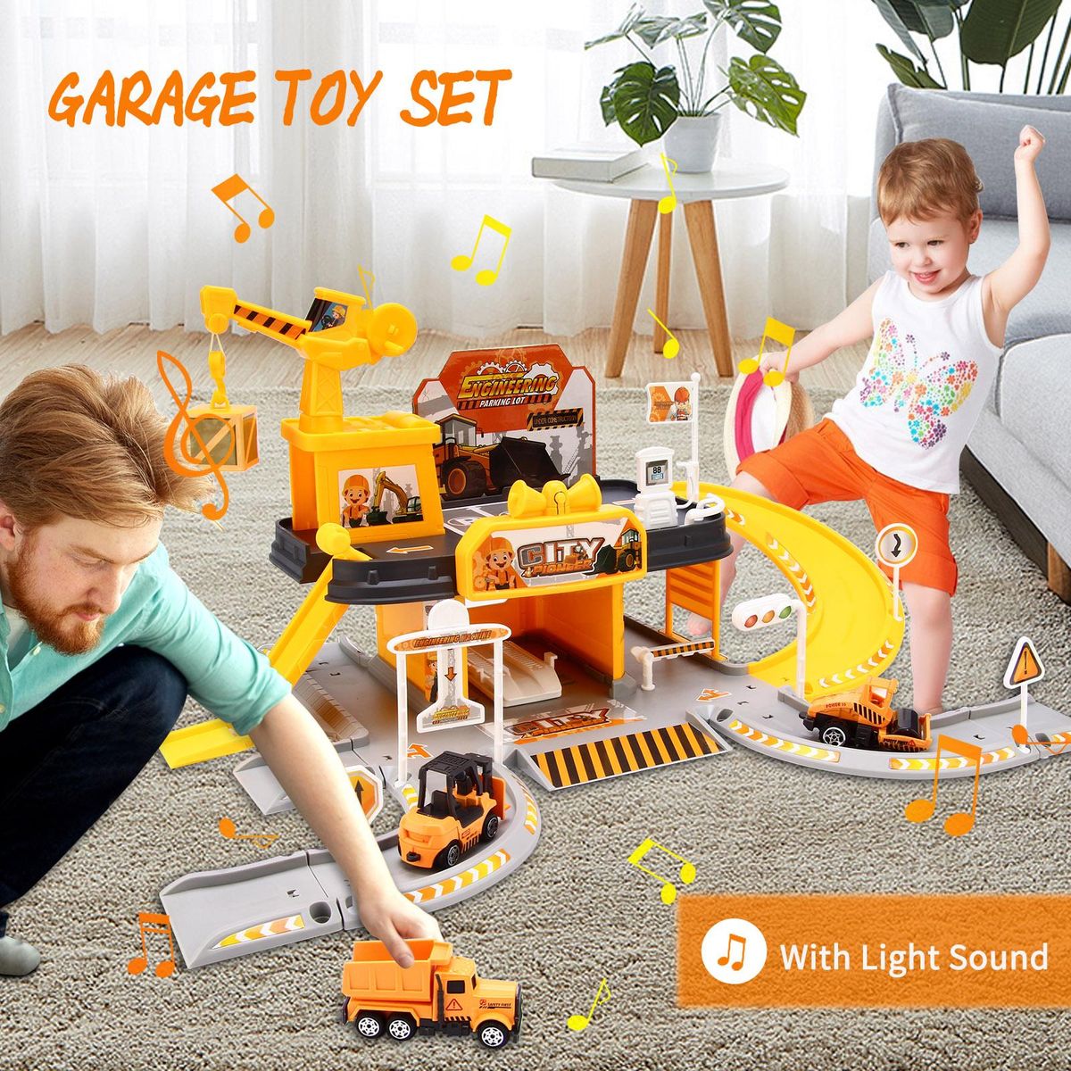 Garage Toy Set Car Vehicle Building Parking Lot Race Tracks for Boys with Light Sound 3pcs Alloy Car