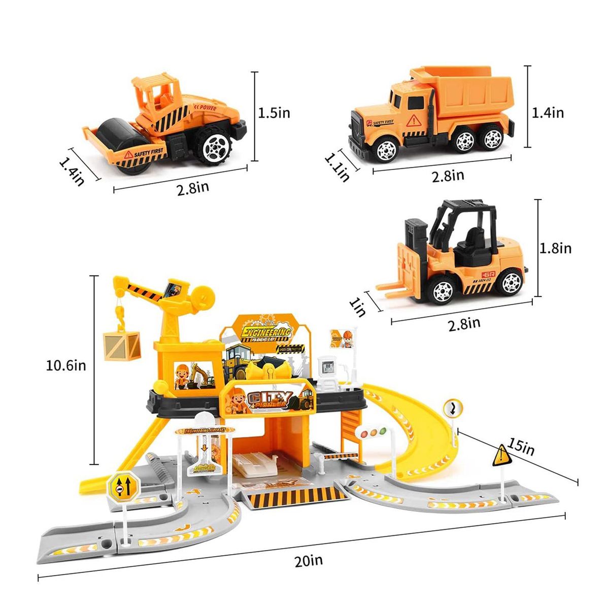 Garage Toy Set Car Vehicle Building Parking Lot Race Tracks for Boys with Light Sound 3pcs Alloy Car