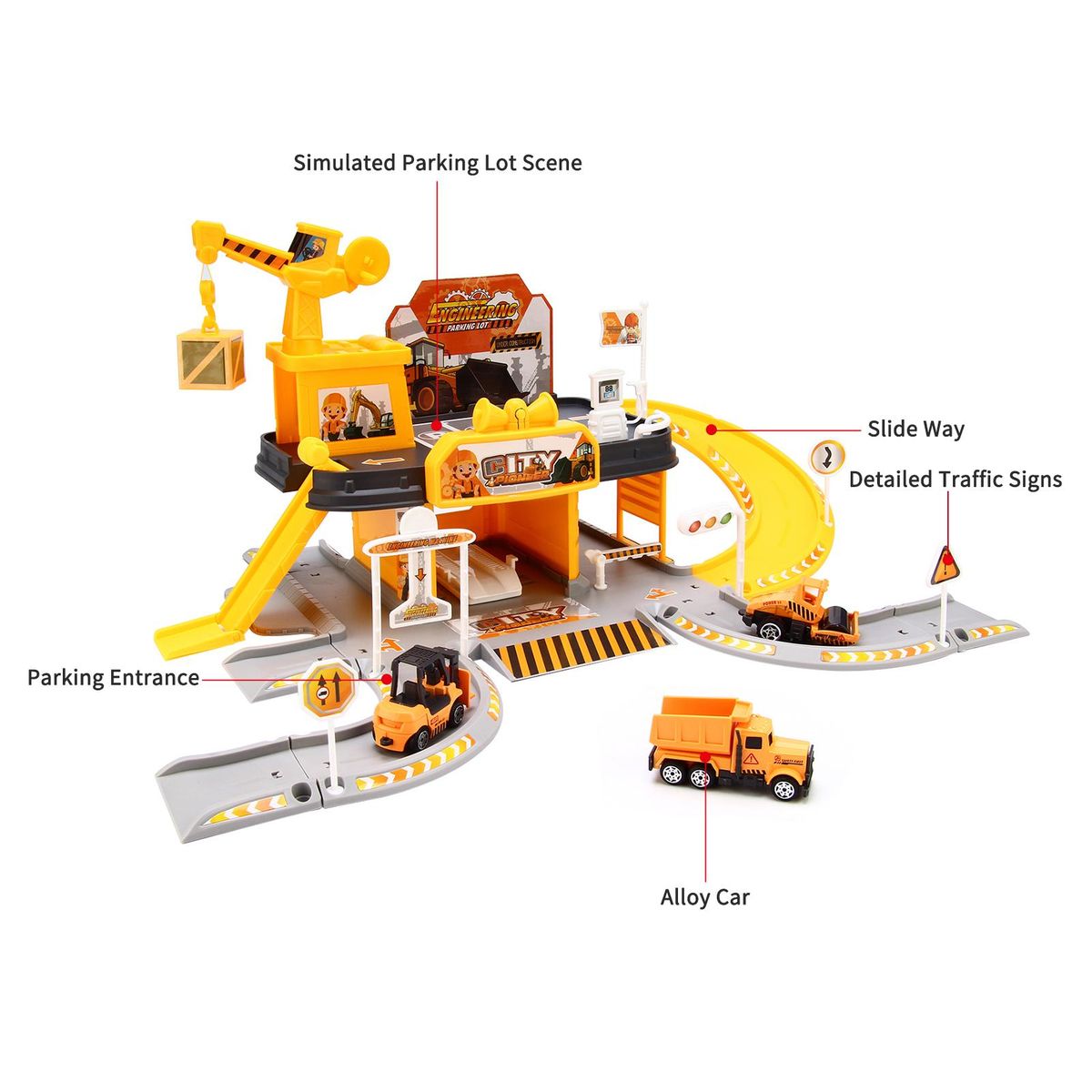 Garage Toy Set Car Vehicle Building Parking Lot Race Tracks for Boys with Light Sound 3pcs Alloy Car