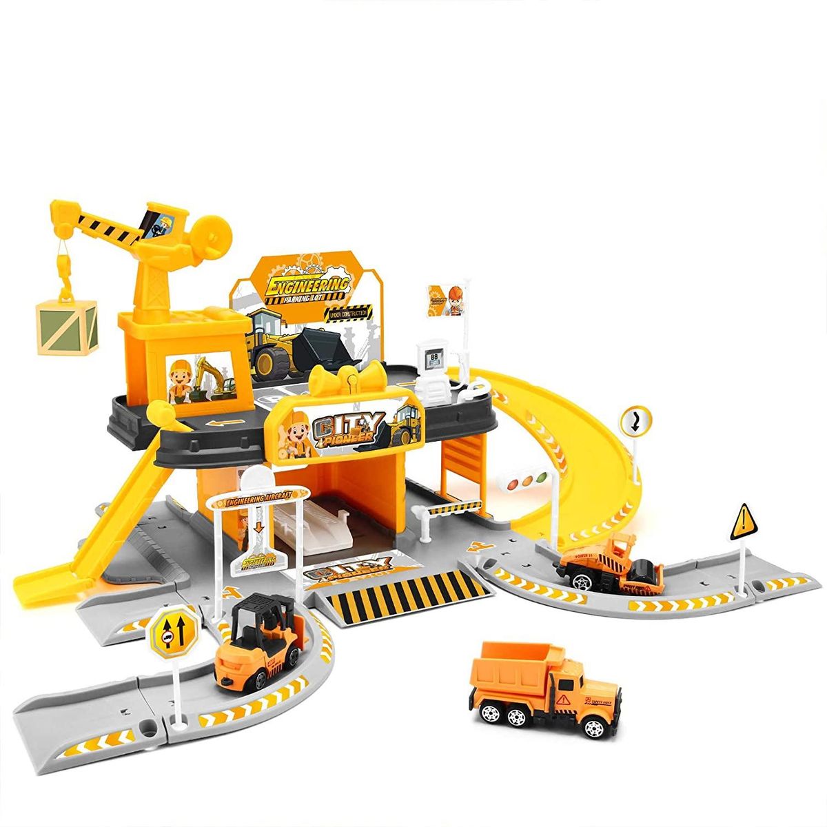 Garage Toy Set Car Vehicle Building Parking Lot Race Tracks for Boys with Light Sound 3pcs Alloy Car