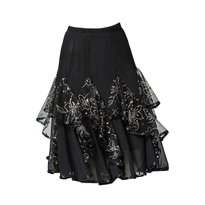 Women Latin Dance Floral Sequins Skirt   Tango Ballroom Rumba Black