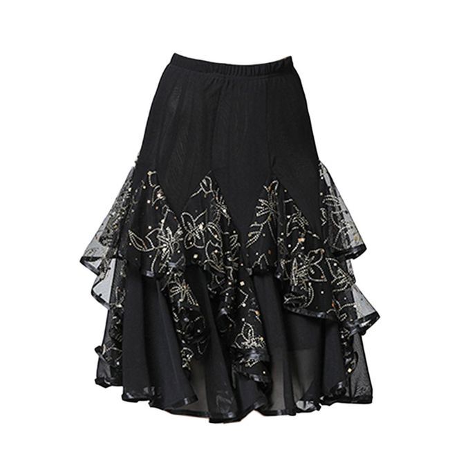 Women Latin Dance Floral Sequins Skirt   Tango Ballroom Rumba Black