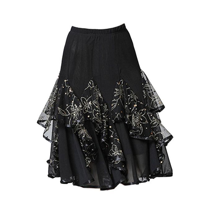 Women Latin Dance Floral Sequins Skirt   Tango Ballroom Rumba Black