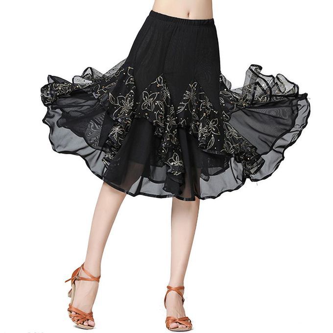 Women Latin Dance Floral Sequins Skirt   Tango Ballroom Rumba Black