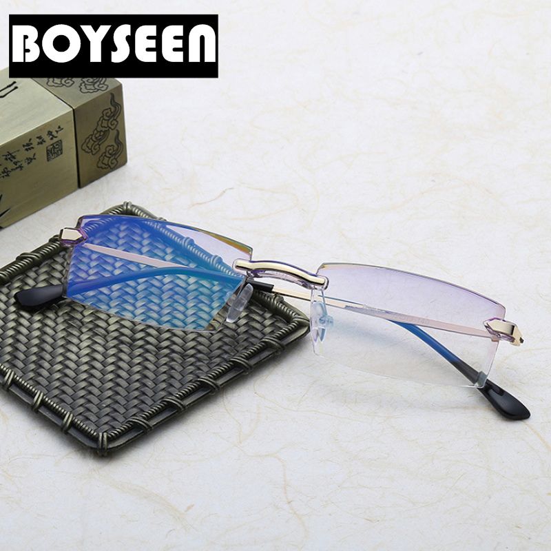 BOYSEEN New Frameless Diamond Cut Edge Myopia Anti-blue Light Blue Film Integrated Men's Glasses 506