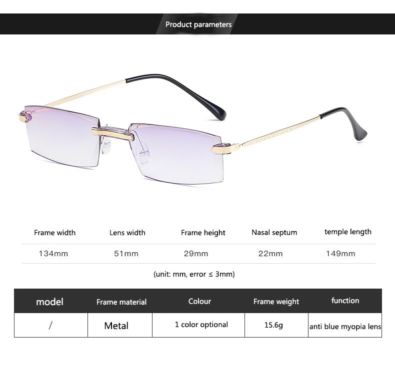 BOYSEEN New Frameless Diamond Cut Edge Myopia Anti-blue Light Blue Film Integrated Men's Glasses 506