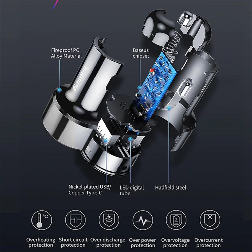 Baseus 45W Car Charger 6A USB C Car Charger w/Fast Charge Technology & Dual Ports PD & QC 4.0 3.0 Car Adapter PPS Compatible w/iPhone/Android Phone/Tablet or Other USB Device