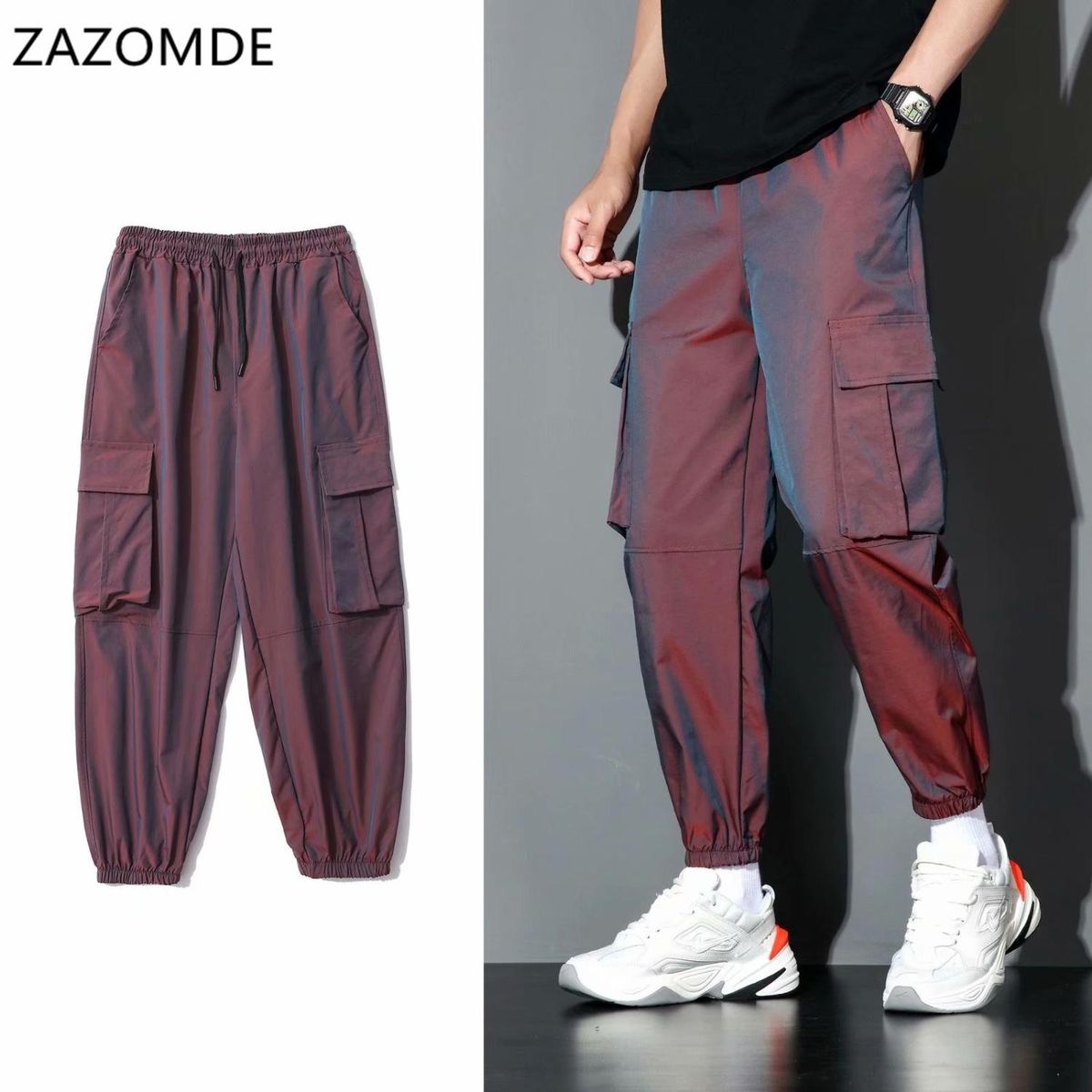 Lolabing and reflective cargo pants for men Casual street clothing for Hip-Hop Harem tracksuit