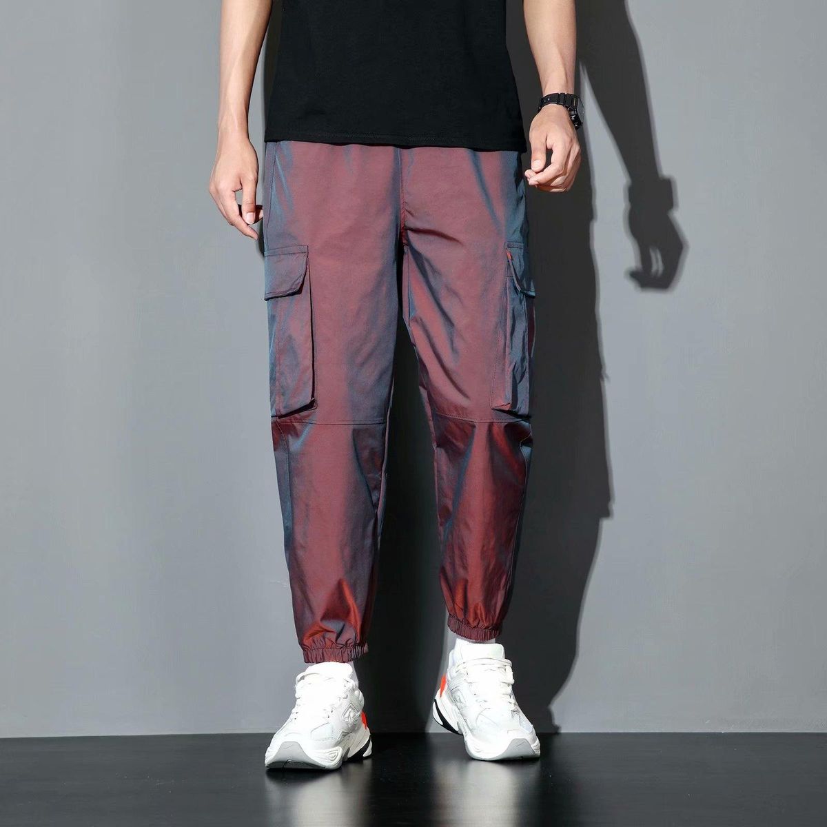 Lolabing and reflective cargo pants for men Casual street clothing for Hip-Hop Harem tracksuit