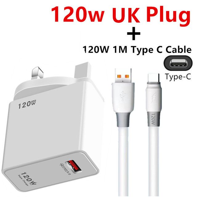 120W Fast Charging Adapter For Xiaomi Civi 12S Ultra 12 Lite Redmi Note 11 9 Pro K50 POCO C40 Huawei Samsung Oneplus USB Charger(#UK Plug Type C Cable)