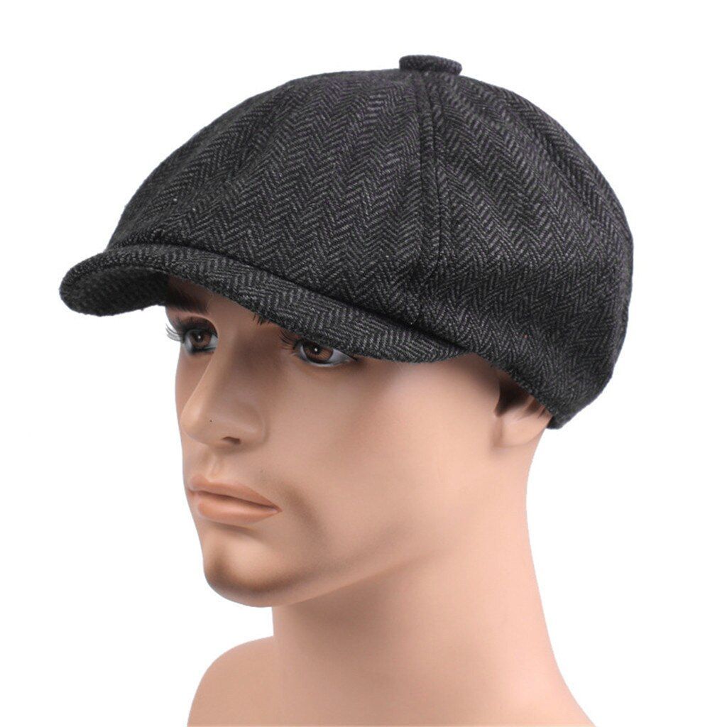 Black Beret Herringbone Cap Newsboy Baker Boy Tweed Flat Cap Mens Gatsby Hat