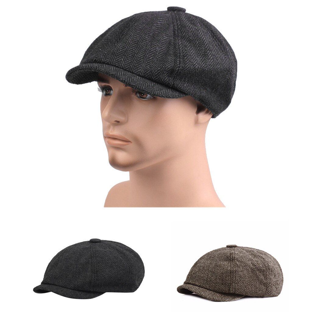 Black Beret Herringbone Cap Newsboy Baker Boy Tweed Flat Cap Mens Gatsby Hat