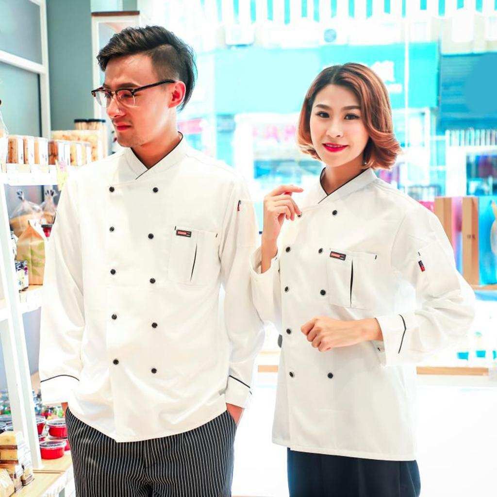 Men Women Piping Chef Jacket Coat Uniform Long 2XL White