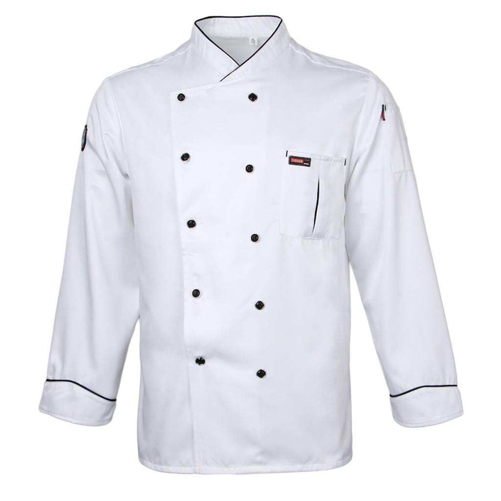 Men Women Piping Chef Jacket Coat Uniform Long 2XL White