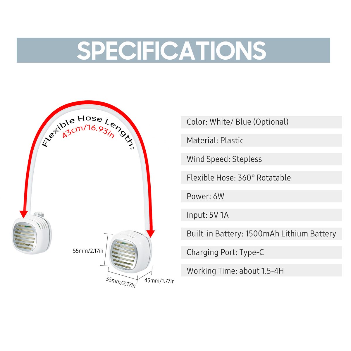 Portable Hanging Neck Fan With Flexible Hose Stepless Wind