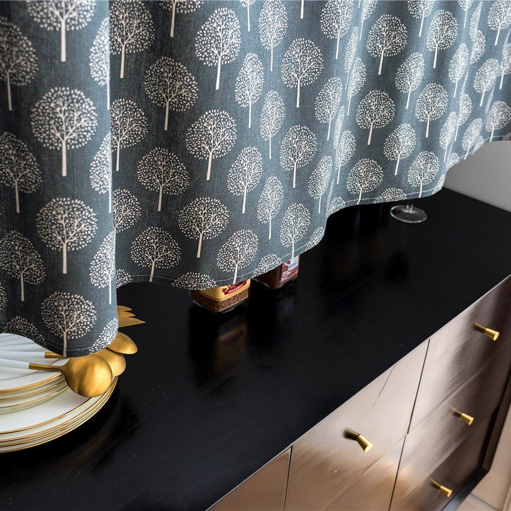 Valance Tree Printing Navy Blue Blackout Window Curtain
